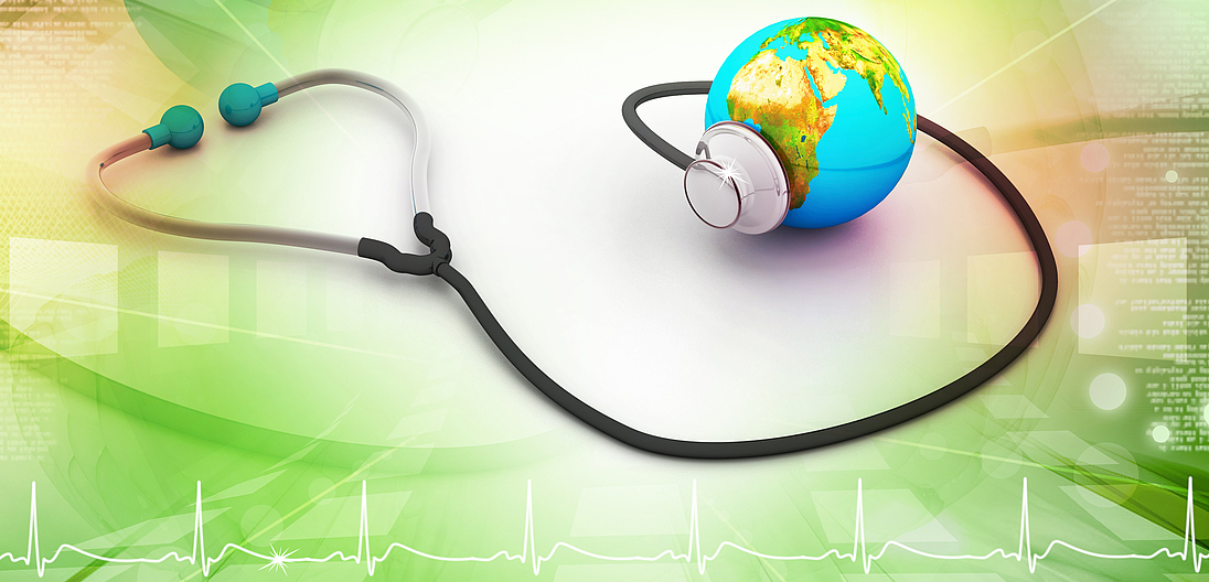Globus mit Stethoskop und Herzschlaglinie